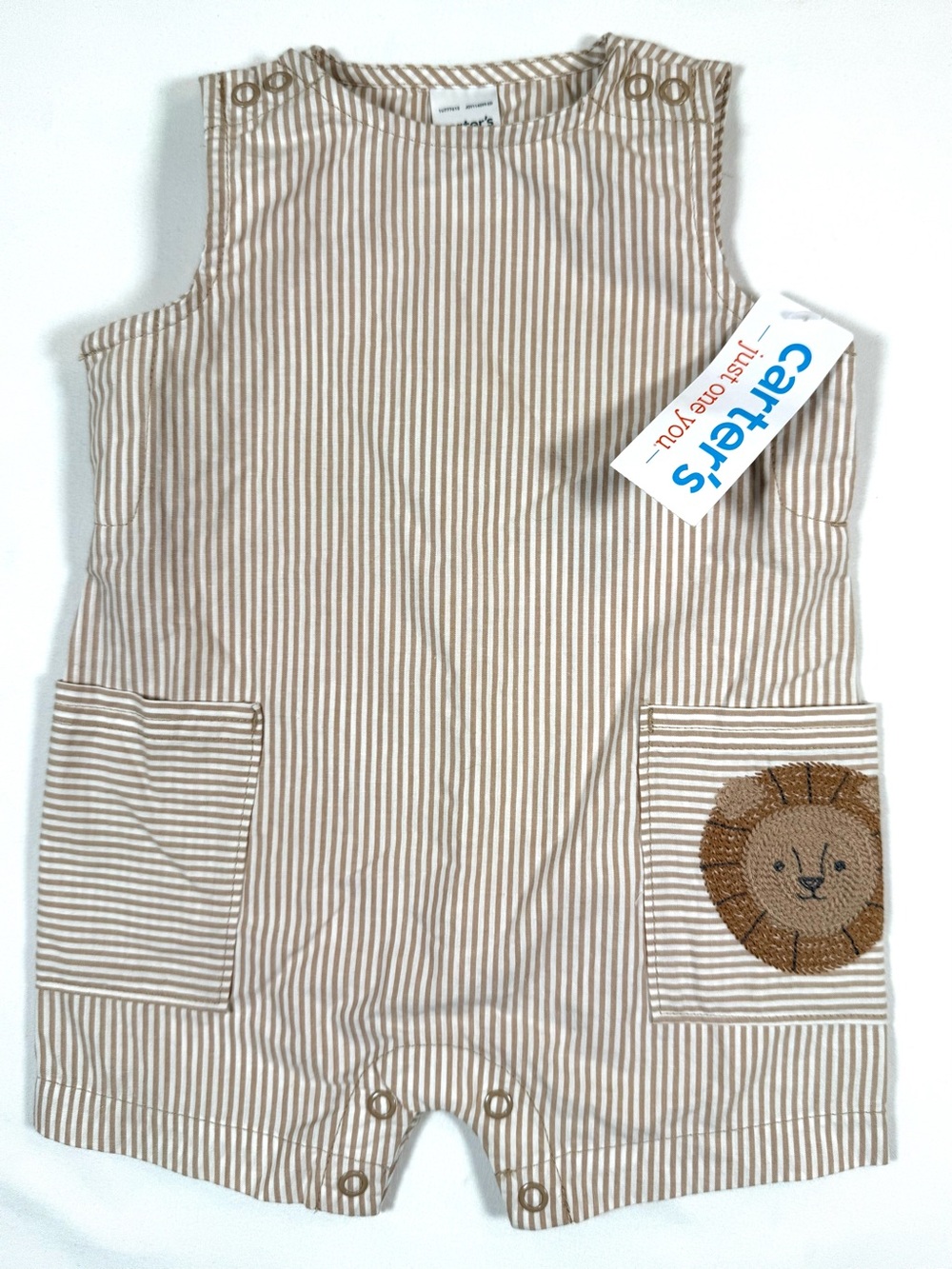 NWT CARTER’S Baby Lion Pocket Stripe Romper 3M Safari Neutral Zoo Cottagecore